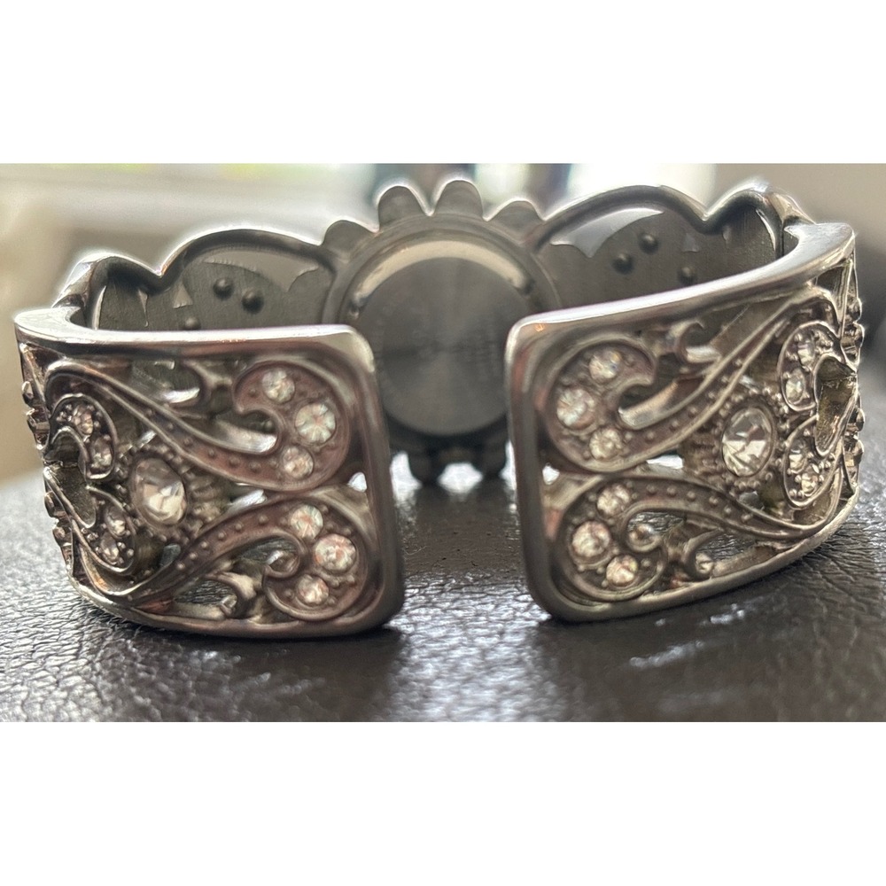 Peck & Peck Silver Tone Rhinestone Floral Cuff Watch Quartz Analog Dressy - Picture 5 of 5